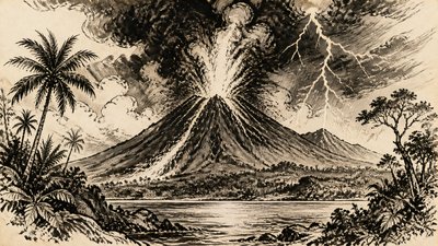 an erupting volcano with lightning strikes, dramatic wide composition, no text