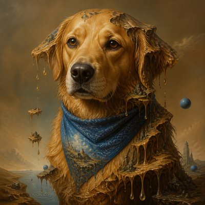 portrait of a golden retriever wearing a blue bandana, warm plain backdrop, no text