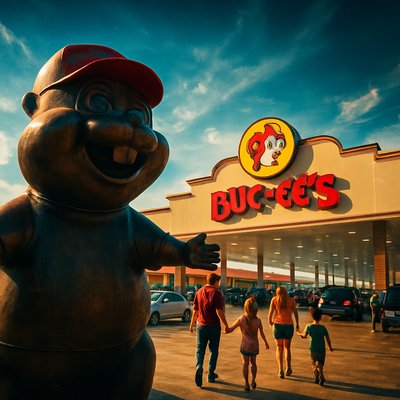 Generate a vibrant, wide-angle image capturing the overwhelming scale and festive atmosphere of a Buc-ee's travel center during peak daylight hours. The central focus should be the massive, iconic Buc-ee the Beaver mascot statue at the entrance, welcoming visitors. Show the enormous, brightly lit gas station canopy stretching across dozens of pumps, with a continuous flow of cars and trucks. In the background, feature the distinctive red-roofed store building with its huge signage. Include details that convey the bustling energy: families walking in, people filling up their tanks, and the overall sense of a colossal, well-organized 'roadside attraction.' The image should highlight its cleanliness, vastness, and the unique, almost surreal experience of stopping at a Buc-ee's.