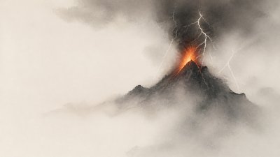 an erupting volcano with lightning strikes, dramatic wide composition, no text