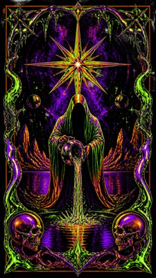a robed figure pouring water beneath a large eight-pointed star in a night sky, symmetrical composition with an ornate decorative border, no text