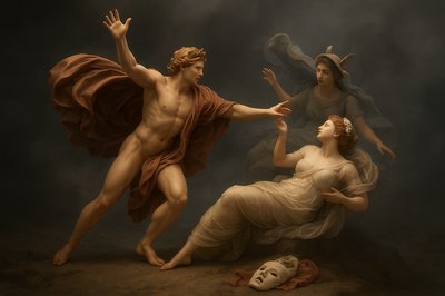 a painting of a man and a woman in the air