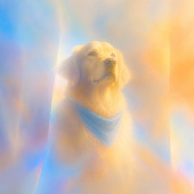 portrait of a golden retriever wearing a blue bandana, warm plain backdrop, no text