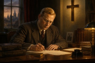 image of Dietrich Bonhoeffer writing at his desk with a cross on the wall

