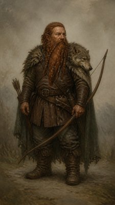 full-body original character: a dwarven ranger with a braided auburn beard, worn leather armor, a longbow and a wolf-pelt cloak, neutral background, no text