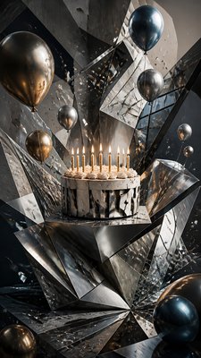 a birthday cake with lit candles surrounded by balloons and confetti, festive vertical composition, no text