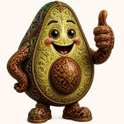 a happy avocado character giving a thumbs up, bold readable design on a plain background, no text