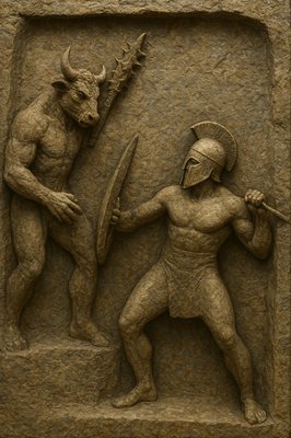 a statue of a man and a demon holding a sword