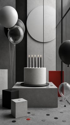 a birthday cake with lit candles surrounded by balloons and confetti, festive vertical composition, no text