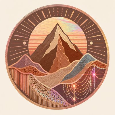 an emblem of a mountain peak inside a circle, simple bold shapes on a plain background, no text or lettering