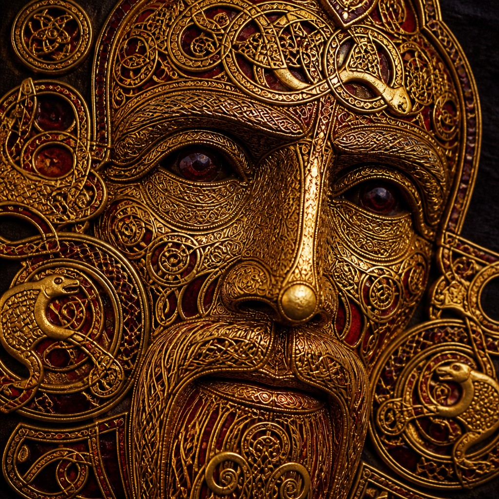 close-up portrait of an elderly person with expressive weathered features — Anglo-Saxon Metalwork Art Style