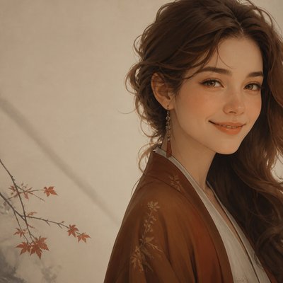 head-and-shoulders portrait of an original character: a young woman with wavy chestnut hair and a warm smile, plain soft backdrop