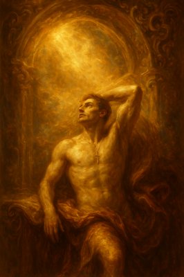 a painting of a man with his hands behind his head