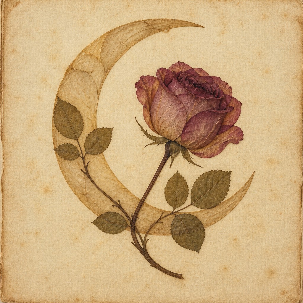 a rose entwined with a crescent moon, clean balanced composition on a plain background, no text