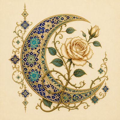 a rose entwined with a crescent moon, clean balanced composition on a plain background, no text