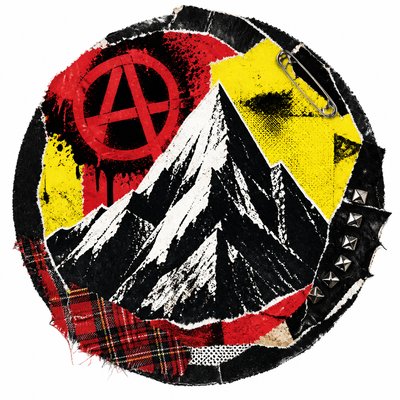 an emblem of a mountain peak inside a circle, simple bold shapes on a plain background, no text or lettering