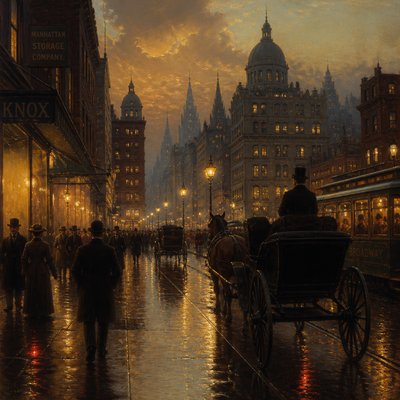urban street with city activity — Oil Glazing Painting Style