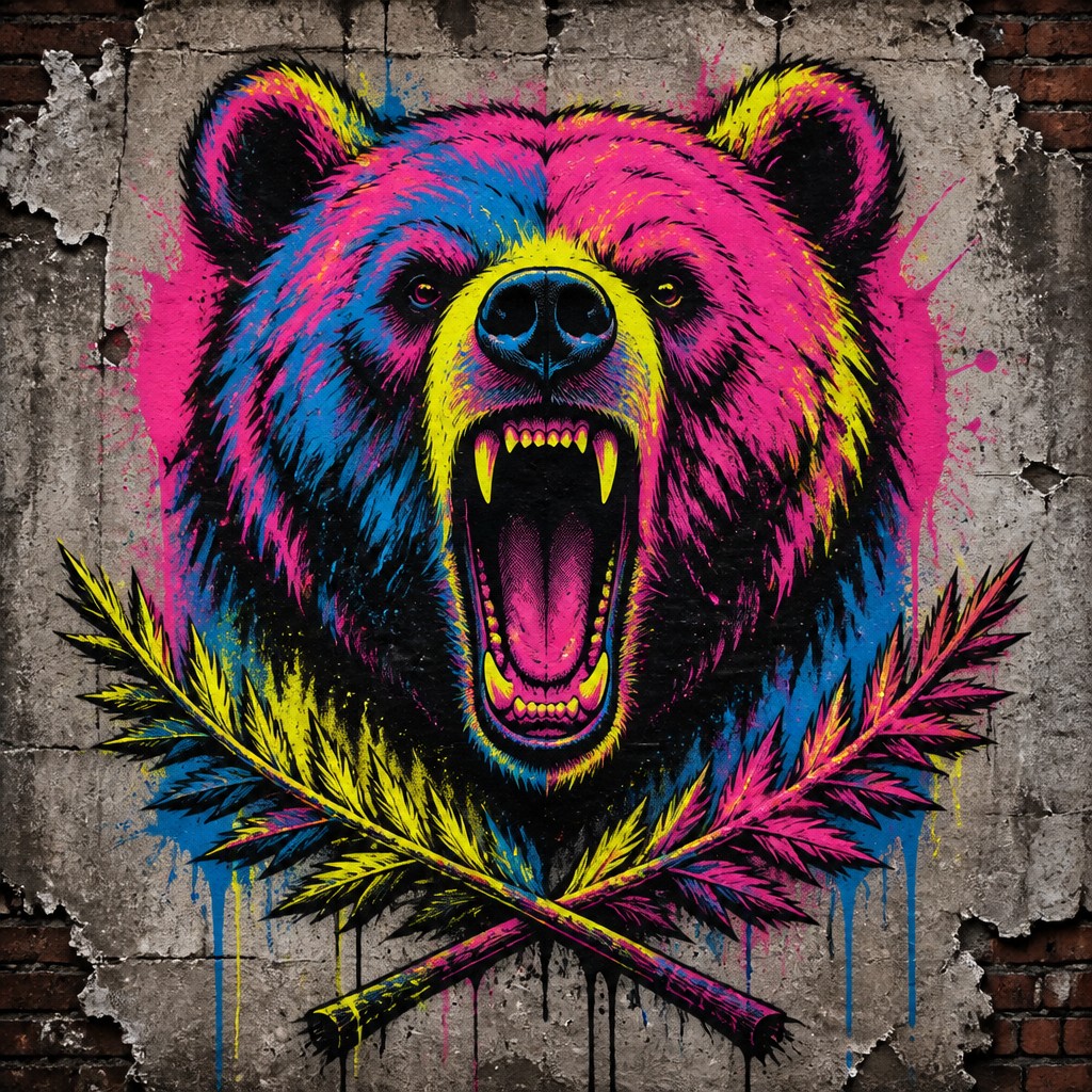 a roaring bear head above crossed pine branches, bold graphic composition on a plain background, no text
