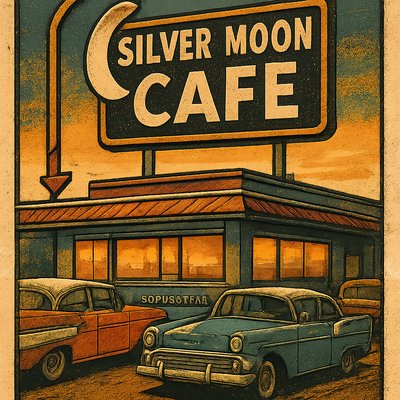 Generate a warm and inviting image of the Silver Moon Cafe in Santa Rosa, New Mexico, as it might have appeared in the 1950s or early 1960s. The focus should be on its classic diner exterior, featuring a prominent sign with its name. Show a few vintage cars from the era, such as a Chevrolet Bel Air or a Ford Fairlane, parked outside. The lighting should evoke a late afternoon or early evening glow, with a hint of warm light emanating from the cafe's windows. Capture the nostalgic, unpretentious atmosphere of a vital stop on Route 66, suggesting a place where travelers and locals alike would find comfort food and a friendly welcome. The style should be realistic but with a slightly enhanced, cinematic feel that highlights the retro charm