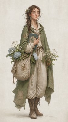 full-body original character: a wandering botanist with a satchel of plants, a patched green cloak, tall boots and round glasses, neutral background