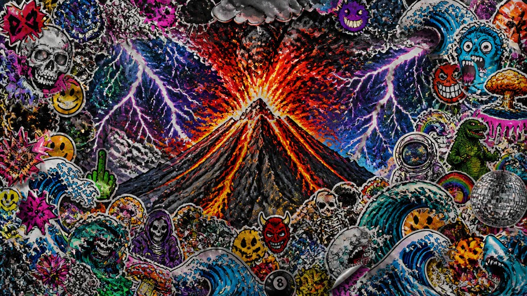 an erupting volcano with lightning strikes, dramatic wide composition, no text
