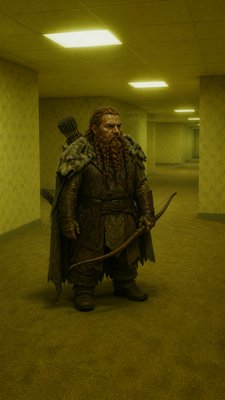 full-body original character: a dwarven ranger with a braided auburn beard, worn leather armor, a longbow and a wolf-pelt cloak, neutral background, no text