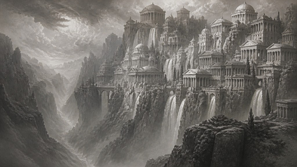 a cliffside city with waterfalls cascading into a misty canyon, wide establishing shot, no people, no text