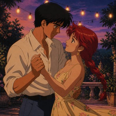 an original couple dancing under string lights in a garden at dusk: a man with short black hair in a linen shirt and a woman with braided red hair in a summer dress