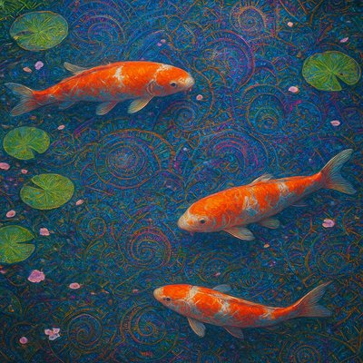 A koi pond seen from above, orange and white koi fish swimming among lily pads, clear water with subtle ripples, fallen cherry blossom petals floating on the surface, dappled sunlight