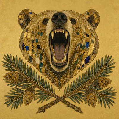 a roaring bear head above crossed pine branches, bold graphic composition on a plain background, no text