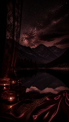 a tranquil mountain lake beneath a starry night sky, no people, no text