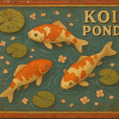 A koi pond seen from above, orange and white koi fish swimming among lily pads, clear water with subtle ripples, fallen cherry blossom petals floating on the surface, dappled sunlight