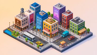 bustling city street panorama at dusk