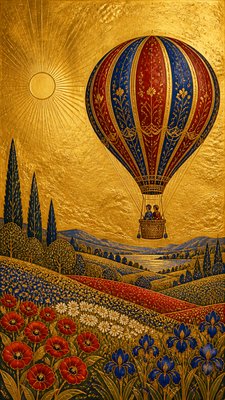 a hot air balloon drifting over rolling flower fields on a sunny day, cheerful, no text