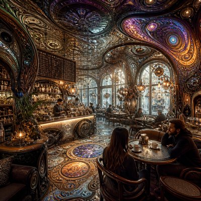 cozy cafe interior with warm lighting