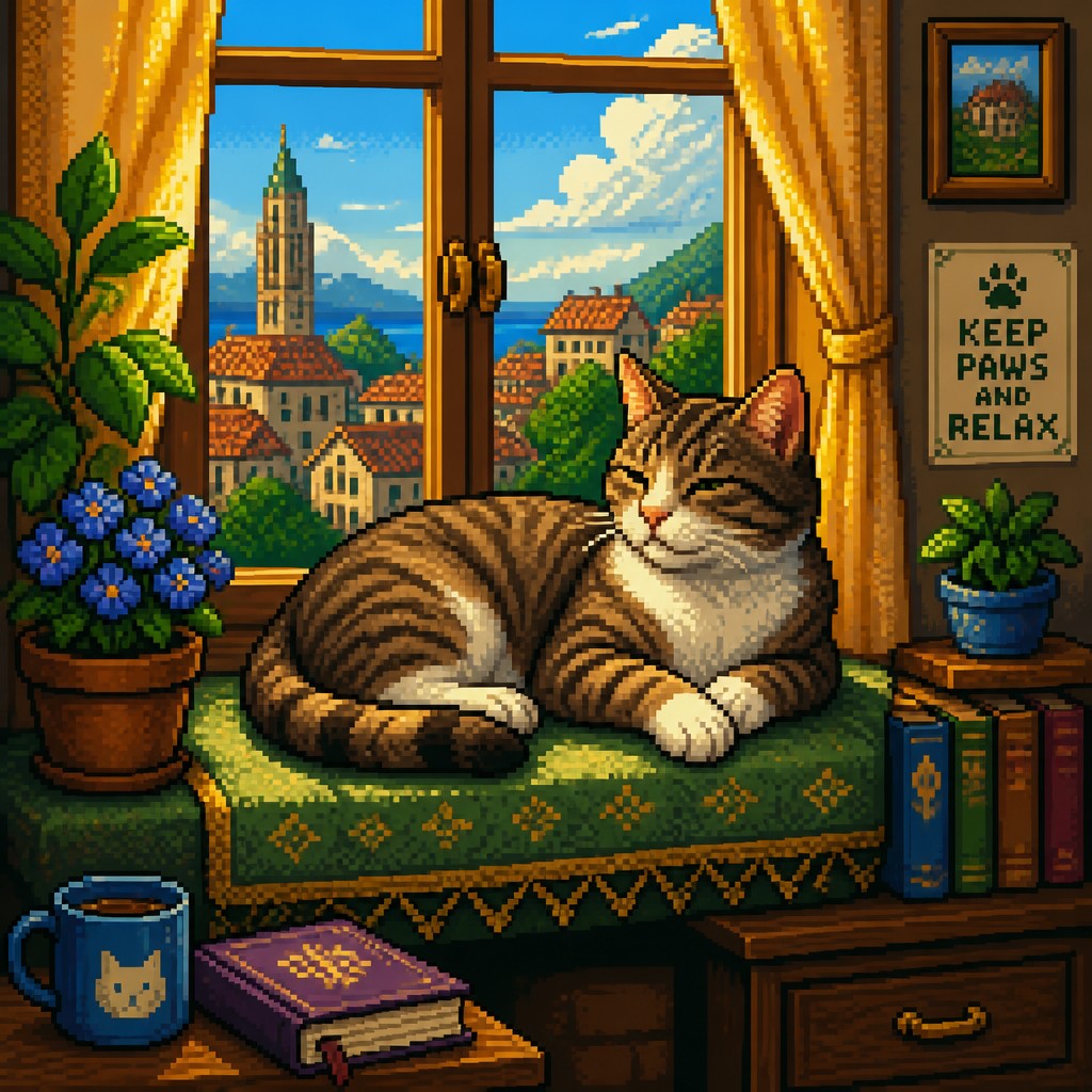 a cat lounging in a sunlit window