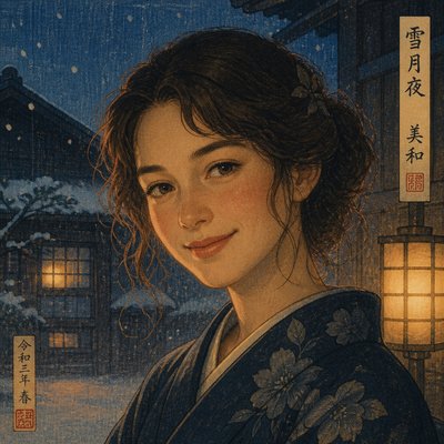 head-and-shoulders portrait of an original character: a young woman with wavy chestnut hair and a warm smile, plain soft backdrop
