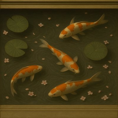 A koi pond seen from above, orange and white koi fish swimming among lily pads, clear water with subtle ripples, fallen cherry blossom petals floating on the surface, dappled sunlight