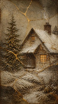 a snow-covered cottage with warm glowing windows beside a decorated pine tree, gentle snowfall, no text