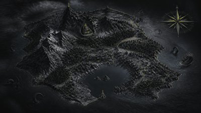 a map of an island realm with mountains, forests, a sheltered bay, sea monsters in the water and a compass rose, no text labels