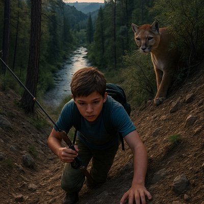 A young boy, no older than 12, is intensely focused on climbing a steep, rocky hillside in the San Juan National Forest, specifically along the Piedra River. He is scrambling upwards on his hands and knees towards a cougar watching him approach from behind a bush above the boy. He is carrying a fishing rod held securely in one hand. The hill is covered in dry dirt and scattered small rocks with ponderosa pines and aspen trees in the landscape.  Far below, at the bottom of the hillside, a clear, meandering mountain stream (the Piedra River) sparkles under twilight. The atmosphere is quiet, tense, capturing the stark beauty of the remote Colorado wilderness.