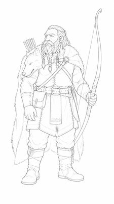 full-body original character: a dwarven ranger with a braided auburn beard, worn leather armor, a longbow and a wolf-pelt cloak, neutral background, no text