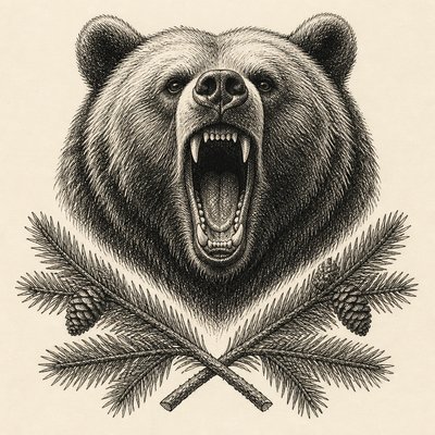 a roaring bear head above crossed pine branches, bold graphic composition on a plain background, no text