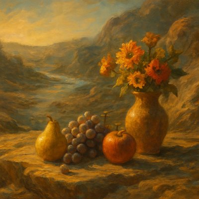 still life arrangement of fruits and flowers