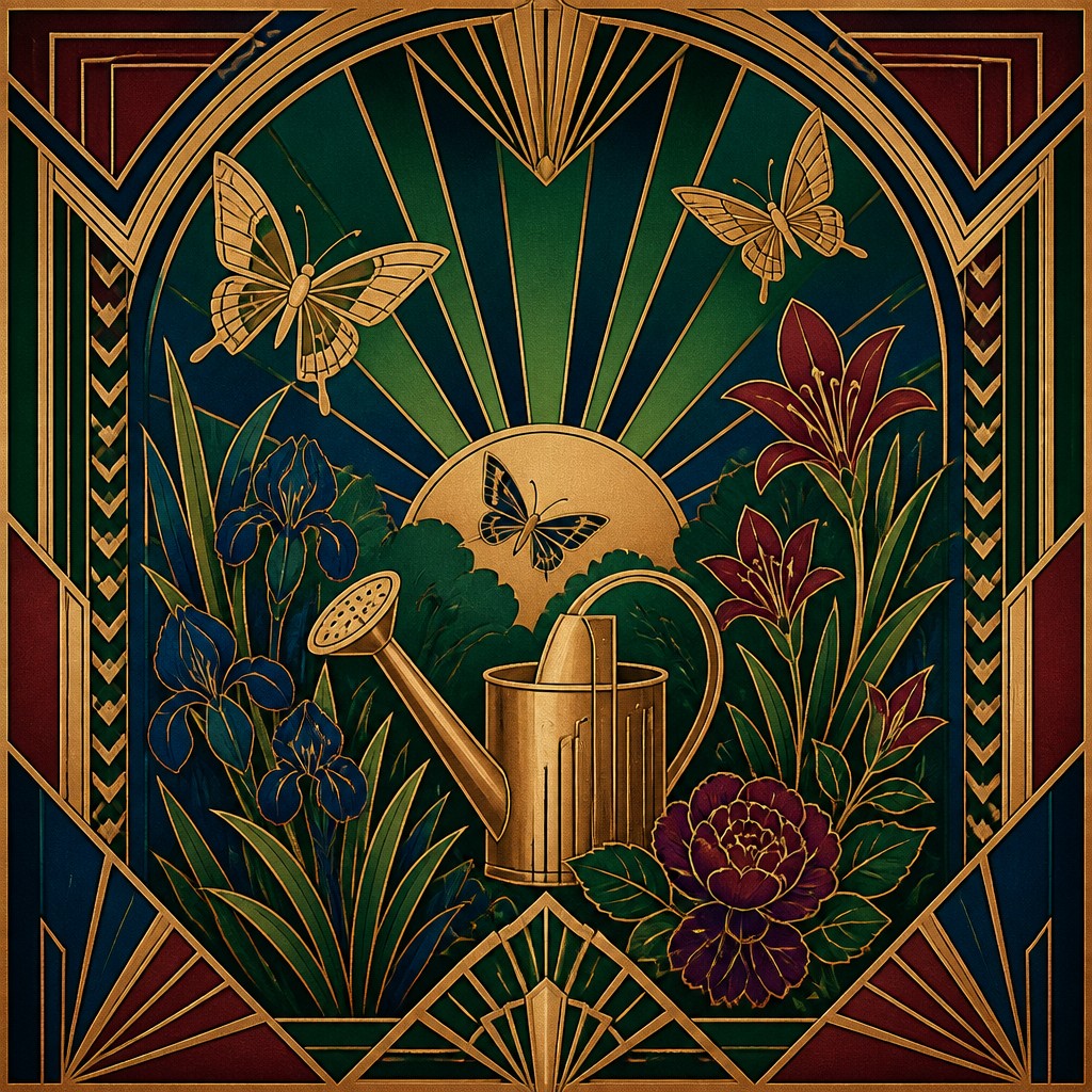 a garden scene with butterflies, flowers and a watering can, clean uncolored line art, no text