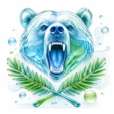 a roaring bear head above crossed pine branches, bold graphic composition on a plain background, no text