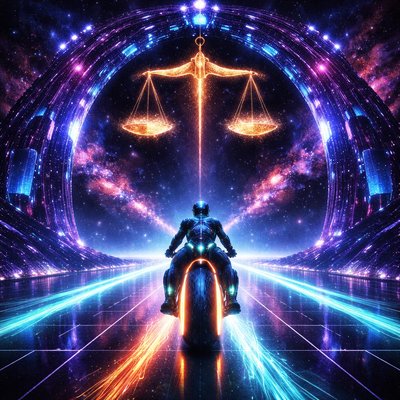 Neon-Futurism Digital Art Style, Bioluminescent Sci-Fi Cosmic Setting, Symmetrical Composition. A dynamic shot from directly behind a lone rider speeding into the deep cosmos.

The Rider & Bike Direction: A futuristic, hubless "light-cycle" sportbike (with glowing cyan and orange wheel rings and chassis lighting) is speeding away from the camera. The rider, wearing a matching full-coverage glowing armored suit and helmet, is seated correctly facing forward, leaning into the speed.

The Action (Entering the Gateway): The motorcycle and rider are just entering beneath a monumental cosmic archway that spans the entire glowing blue laser-grid highway.

The Libra Arch structure: The massive archway is constructed of towering, glowing violet and deep blue digital circuitry and crystallized stardust. Hanging majestically from the center of the archway's lintel, directly above the rider's path, is a gigantic set of balanced Cosmic Scales, composed of radiant golden energy and concentrated star clusters.

Atmosphere: The neon trails of the bike reflect on the glossy grid road surface. The background is infinite space filled with geometric stars.