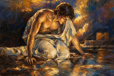 a painting of a man kneeling in the water