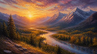 a vast valley with a river winding toward distant mountains at sunrise, no people, no text