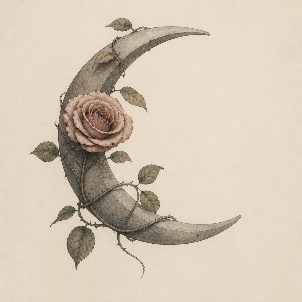 a rose entwined with a crescent moon, clean balanced composition on a plain background, no text